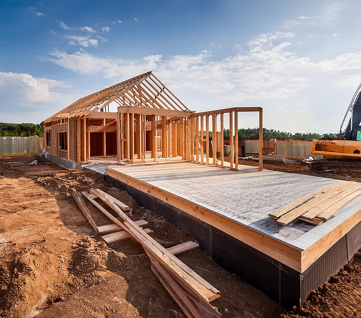 Maison neuve en construction avec charpente bois et fondation béton sur un chantier en terre. Ciel bleu nuageux.