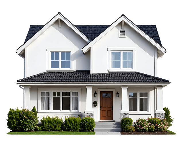 Maison blanche moderne à deux étages avec toit sombre, porte d'entrée en bois, fenêtres claires, colonnes et jardin fleuri luxuriant.