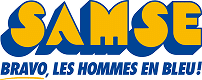 Logo SAMSE dynamique jaune et bleu 3D. Slogan "BRAVO, LES HOMMES EN BLEU!" en bas. Célèbre l'esprit d'équipe.